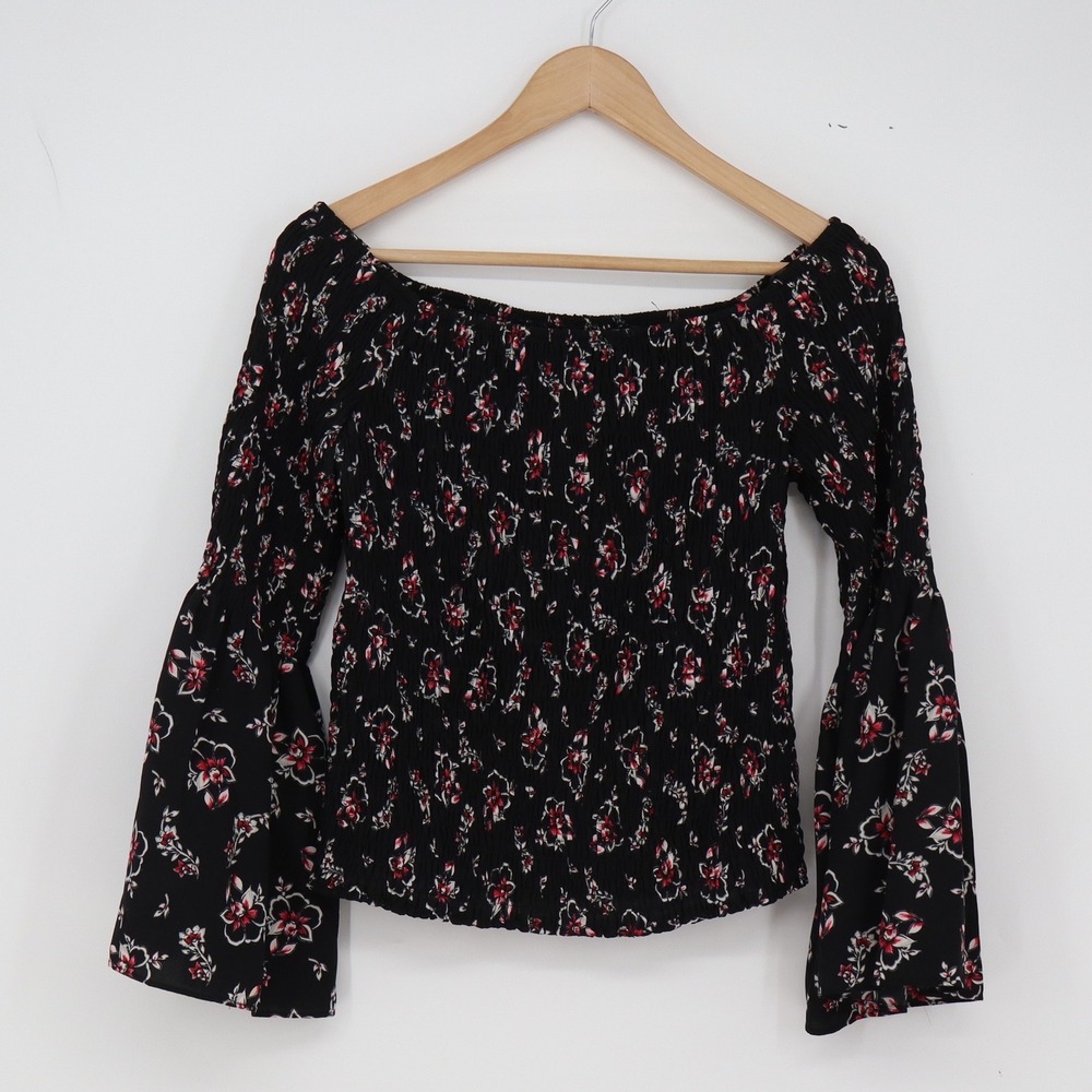 Express Top Womens Medium Smocked Off The Shoulder Black Floral Bell Sleeve EX